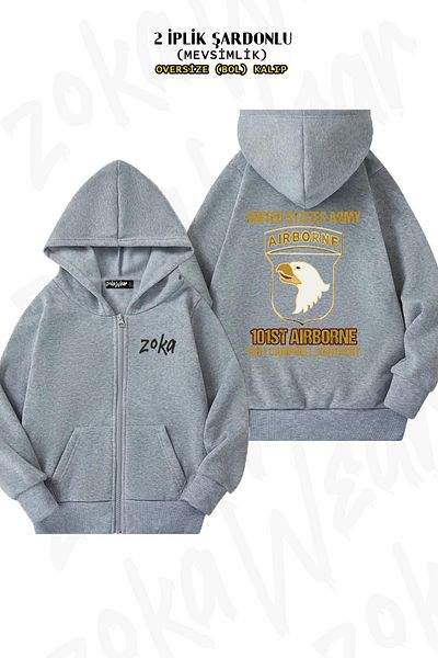 ZOKAWEAR Γκρι ζακέτα United States Army Airborne Oversize - Πίσω στάμπα, φερμουάρ και κουκούλα (2 κλωστές)