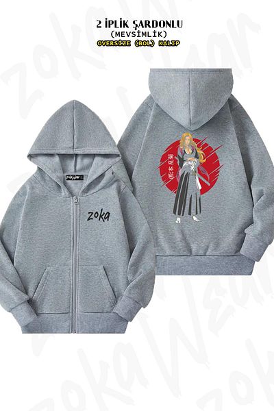 ZOKAWEAR Matsumoto Rangiku Printed Oversize Grey Cardigan - Φερμουάρ και κουκούλα (2 κλωστές)