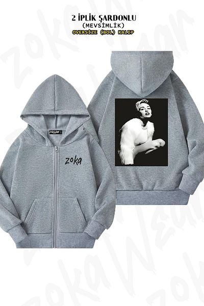ZOKAWEAR Γκρι ζακέτα με στάμπα Miley Cyrus - με φερμουάρ και κουκούλα (2 κλωστές)