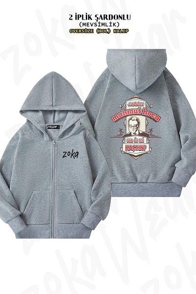 ZOKAWEAR Oversize Mahmut Hoca Back Printed Zipper Hooded Grey Cardigan (2 νήματα)