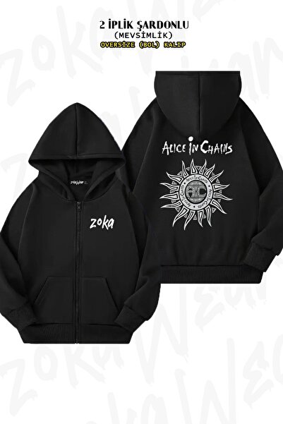 ZOKAWEAR Оверсайз Alice In Chains 2 Чорна кофта з капюшоном, застібкою-блиска...