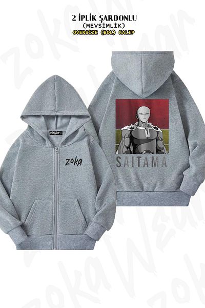 ZOKAWEAR Oversize One Punch Man Saitama (OK) Πίσω στάμπα με φερμουάρ με κουκούλα γκρι ζακέτα (2 κλωστές)