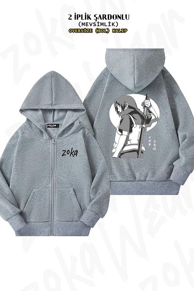 ZOKAWEAR Oversize Uchiha Itachi2 με στάμπα με φερμουάρ και κουκούλα γκρι ζακέτα (2 κλωστές)