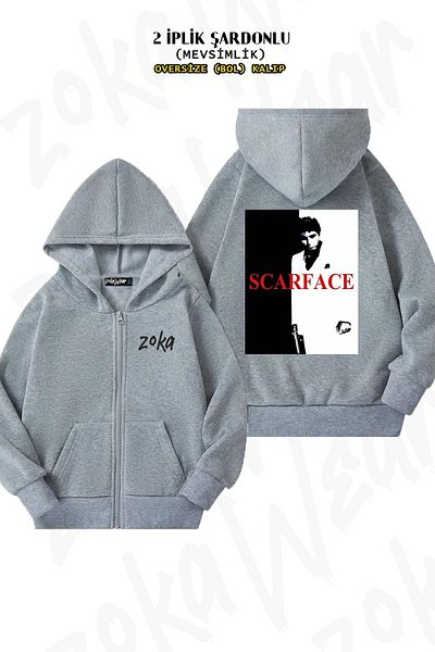 ZOKAWEAR Υπερμεγέθη κάλυμμα ταινίας Scarface Back Printed Zipper Hooded Grey Cardigan (2 νήματα)