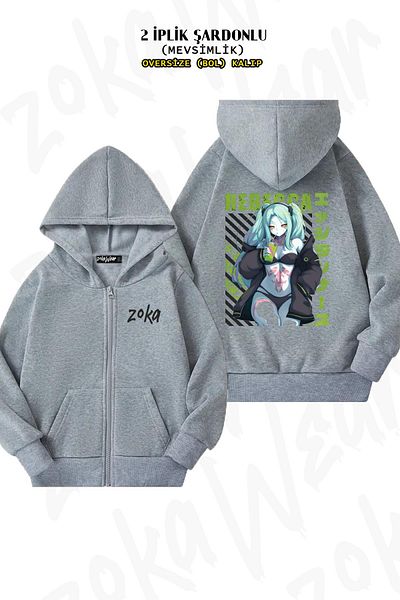 ZOKAWEAR Υπερμεγέθη Cyberpunk Edgerunners Rebecca πίσω με φερμουάρ με κουκούλα γκρι ζακέτα (2 κλωστές)