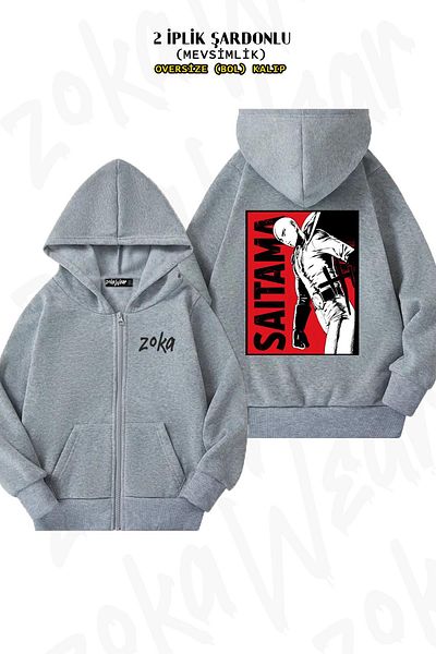 ZOKAWEAR Ζακέτα One Punch Man Saitama v2 Grey Oversize - Πίσω στάμπα, φερμουάρ και κουκούλα (2 κλωστές)