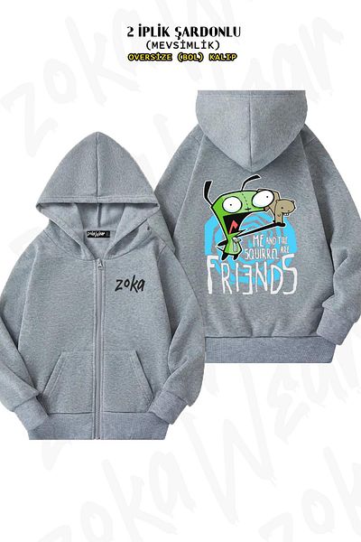 ZOKAWEAR Invader Zim Oversize Grey Cardigan - Πίσω στάμπα, φερμουάρ και κουκούλα (2 κλωστές)