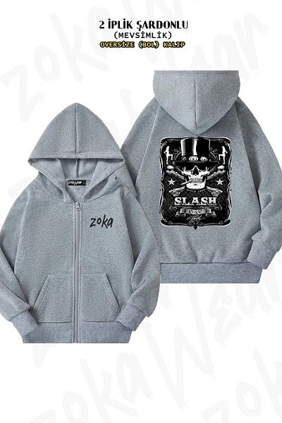 ZOKAWEAR Oversize Slash2 Back Printed Zipper με κουκούλα γκρι ζακέτα (2 κλωστές)