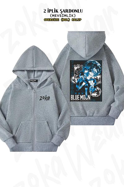 ZOKAWEAR Vanitas No Carte - Γκρι υπερμεγέθη ζακέτα με στάμπα στην πλάτη, φερμουάρ και κουκούλα (2 κλωστές)