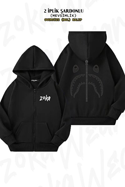 ZOKAWEAR Bape Shark Patterned - Cardigan negru cu glugă cu fermoar (2 fire)