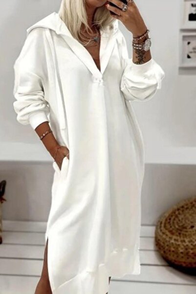 Mossta Λευκό Modal φόρεμα - Κουκούλα και ανοιχτός λαιμός