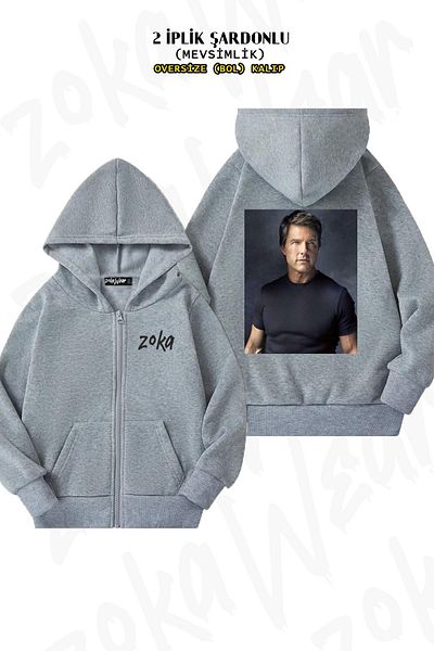 ZOKAWEAR Oversize Tom Cruise Grey Cardigan - Μαύρη στάμπα με φερμουάρ και κουκούλα (2 κλωστές)