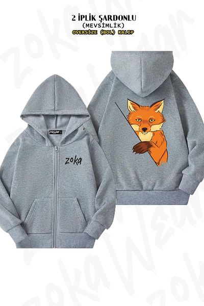 ZOKAWEAR Oversize Fox Back Printed με φερμουάρ και κουκούλα γκρι ζακέτα (2 κλωστές)