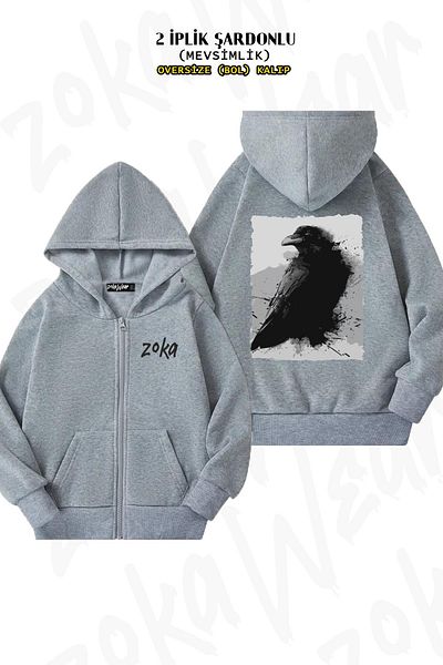 ZOKAWEAR Oversize Crow v2 - Γκρι κουκούλα, Ζακέτα με στάμπα στην πλάτη (2 κλωστές)