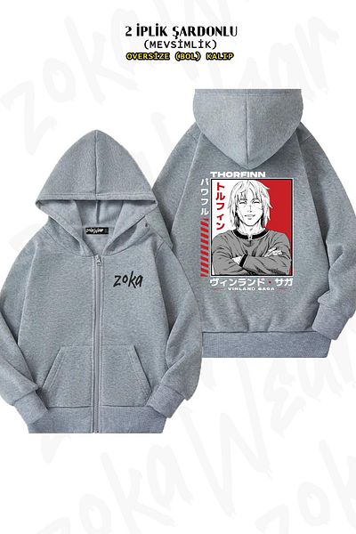 ZOKAWEAR Oversize Thorfinn Smile Vinland Saga Πίσω στάμπα με φερμουάρ με κουκούλα γκρι ζακέτα (2 κλωστές)