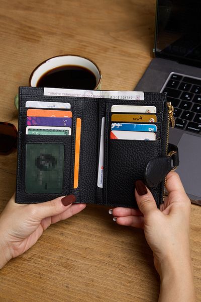 REWİNA 9735 Model - Black Genuine Leather, Special Design Women's Portfolio Wallet