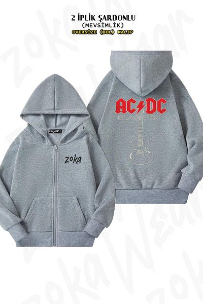 ZOKAWEAR Γκρι ζακέτα με μοτίβο AC DC Black Ice Guitar - με φερμουάρ και κουκούλα (2 κλωστές)