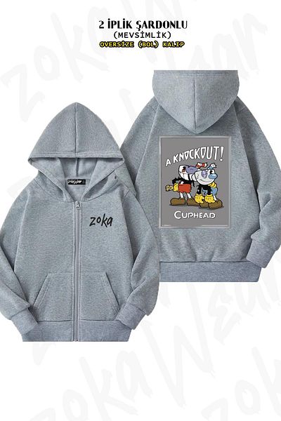 ZOKAWEAR Εκτύπωση Cuphead Back - Γκρι υπερμεγέθη ζακέτα με φερμουάρ και κουκούλα (2 κλωστές)