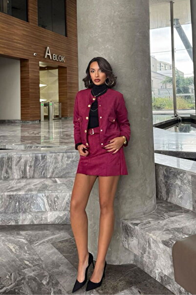 Caddebostan Moda Burgundy Belted Suede Skirt Modern Premium Luxury Trend Desi...