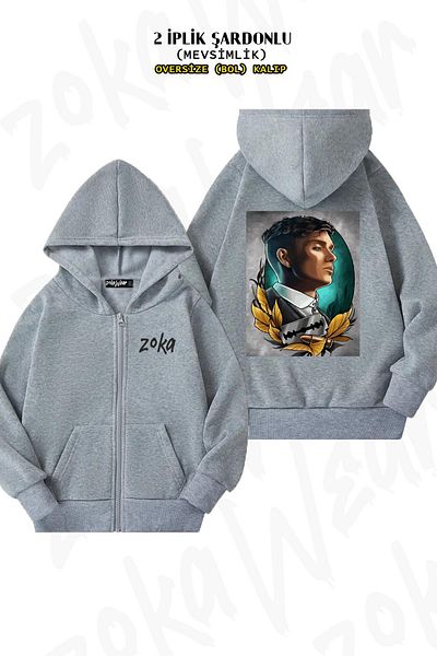 ZOKAWEAR Oversize Thomas Shelby Back Printed Zipper Hooded Grey Cardigan (2 κλωστές)
