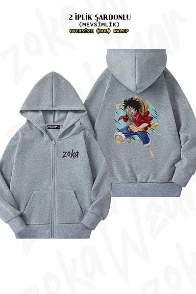 ZOKAWEAR Oversize One Piece Monkey D. Luffy v5 Πίσω στάμπα με φερμουάρ και κουκούλα γκρι ζακέτα (2 κλωστές)