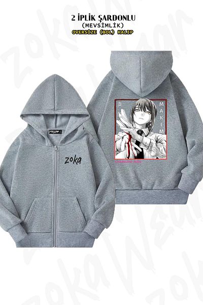 ZOKAWEAR Chainsaw Man Makima Pattern - Γκρι ζακέτα με φερμουάρ και κουκούλα (2 κλωστές)