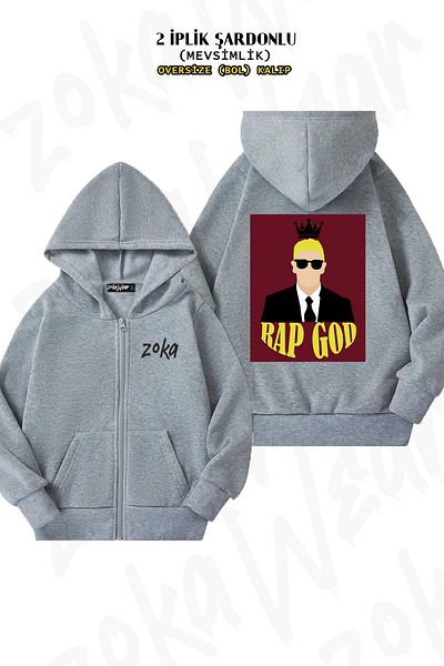 ZOKAWEAR Eminem Rap God Pattern - Γκρι υπερμεγέθη ζακέτα με φερμουάρ και κουκούλα (2 κλωστές)