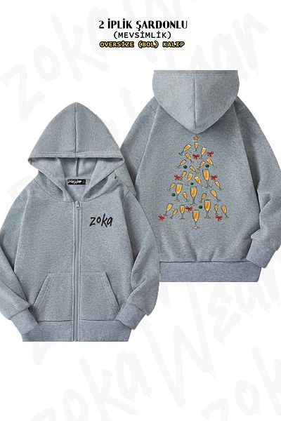 ZOKAWEAR New Year's Pine Tree Pattern - Back Printed Gray Oversize Cardigan (2 Thread)