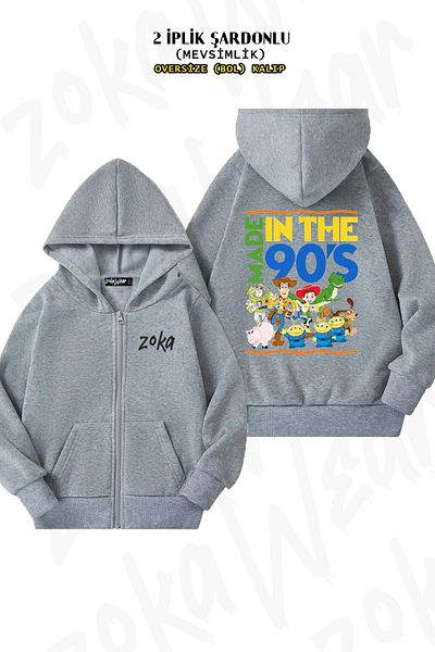 ZOKAWEAR Toy Story 90s Back Printed - Γκρι ζακέτα με κουκούλα με φερμουάρ (2 κλωστές)