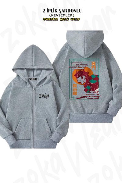 ZOKAWEAR Demon Slayer Tanjiro Kamado v2 - Γκρι ζακέτα με φερμουάρ στην πλάτη με κουκούλα (2 κλωστές)