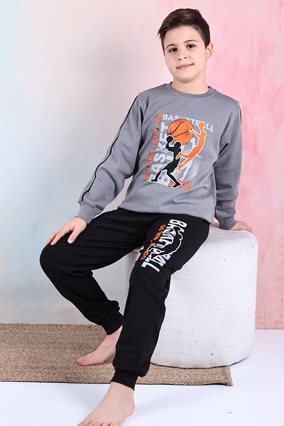KAPİKİDS Men's Interlock Pajamas Set with Long Sleeve Crew Neck Anthracite Color Basketball