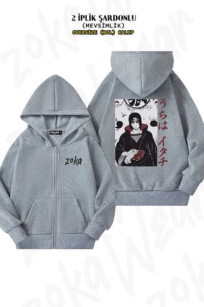 ZOKAWEAR Uchiha Itachi Naruto Special v2 - Γκρι ζακέτα με φερμουάρ και κουκούλα (2 κλωστές)