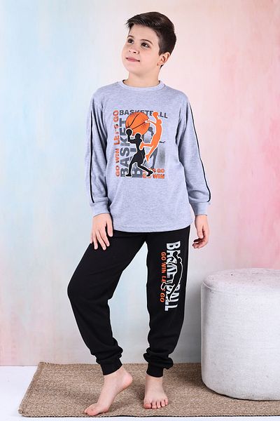 KAPİKİDS Men's Interlock Pajamas Set with Long Sleeve Crew Neck Gray Melange Color Basketball