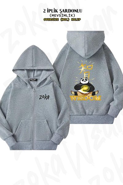 ZOKAWEAR Σχέδιο Kung Fu Panda Wisdom Po - Γκρι ζακέτα με φερμουάρ και κουκούλα (2 κλωστές)