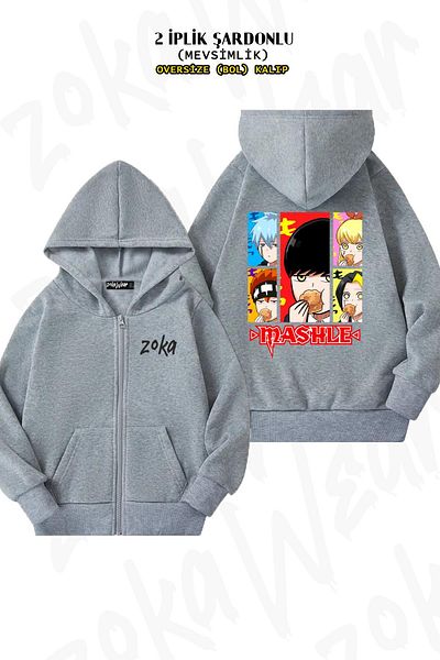 ZOKAWEAR Mashle Magic And Muscles Oversize Grey Cardigan - Πίσω στάμπα, φερμουάρ και κουκούλα (2 κλωστές)
