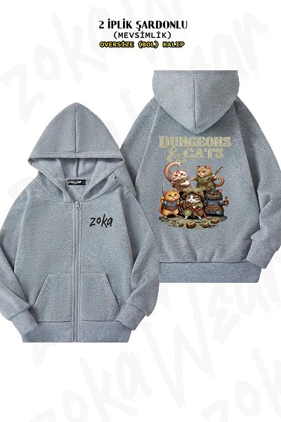 ZOKAWEAR Dungeons And Cats Back Printed - Γκρι ζακέτα με κουκούλα με φερμουάρ (2 κλωστές)