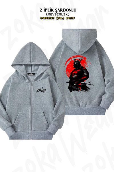 ZOKAWEAR Samurai Warrior Pattern - Γκρι υπερμεγέθη ζακέτα με φερμουάρ και κουκούλα (2 κλωστές)