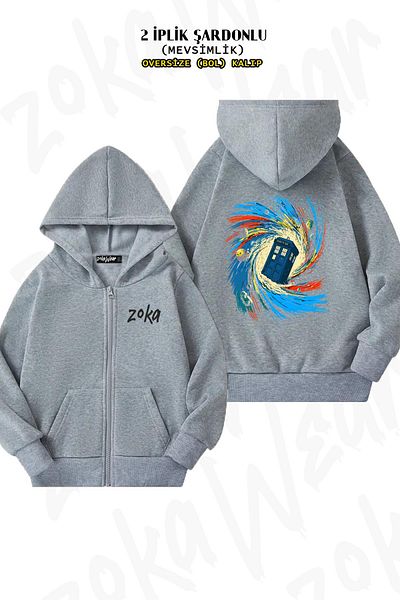 ZOKAWEAR Oversize Space And Time Vortex Back Printed Zipper Hooded Grey Cardigan (2 νήματα)
