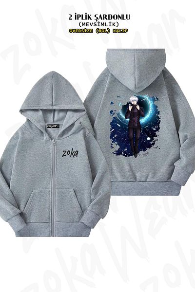 ZOKAWEAR Jujutsu Kaisen Satoru Gojo (SENSEİ) v2 Oversize γκρι ζακέτα - Πίσω στάμπα, φερμουάρ, κουκούλα (2 κλωστές)