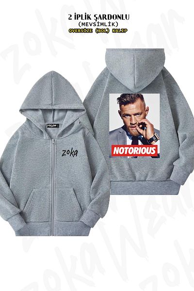 ZOKAWEAR Oversize Notorious V3 Ufc Conor Mcgregor Πίσω στάμπα με φερμουάρ και κουκούλα γκρι ζακέτα (2 κλωστές)