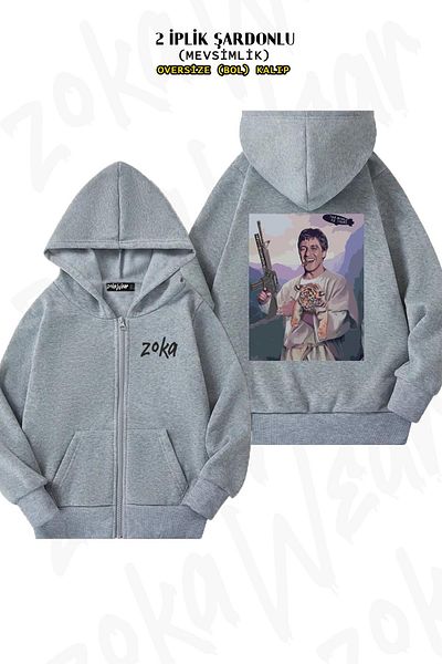 ZOKAWEAR Oversize Scarface Art Back Printed με φερμουάρ και κουκούλα γκρι ζακέτα (2 κλωστές)