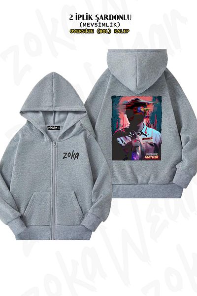 ZOKAWEAR Oversize Fight Club (tyler Durden) v3 Back Printed με φερμουάρ και κουκούλα γκρι ζακέτα (2 κλωστές)