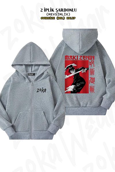 ZOKAWEAR Υπερμεγέθη Jujutsu Kaisen Maki Zenin Back Printed με φερμουάρ και κουκούλα γκρι ζακέτα (2 κλωστές)