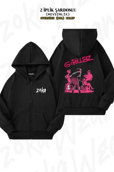 ZOKAWEAR Gorillaz Oversize Black Cardigan with Back Print - Zipper and Hoodie...