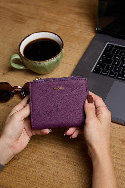 REWİNA 9733 محفظة نسائية من الجلد الطبيعي بسحاب مزدوج بتصميم خاص باللون الأرجواني