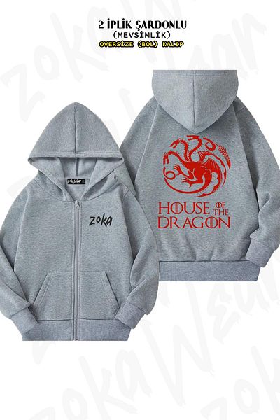 ZOKAWEAR Targaryen House Of The Dragon Print - Γκρι ζακέτα με φερμουάρ και κουκούλα (2 κλωστές)