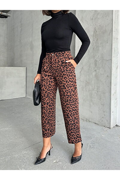 TOPSHOW S:2 / M:2 / L:1 / Xl:1= 6 Adet | Kamel Kahve F1788 Leopar Desenli Pantalon F1788