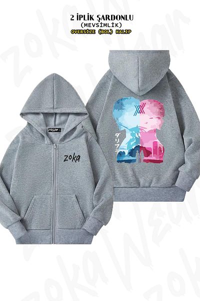 ZOKAWEAR Franxx Darling In The Oversize Grey Hooded Cardigan - Πίσω στάμπα, φερμουάρ, 2 κλωστές