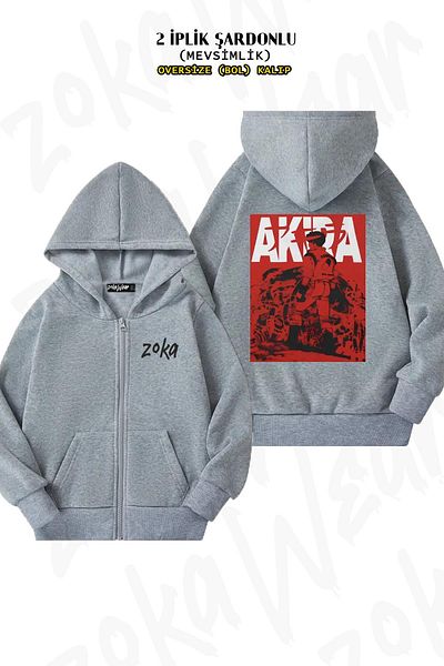 ZOKAWEAR 80s Manga Japanese Vintage Oversize Grey Cardigan - Πίσω στάμπα, φερμουάρ, κουκούλα (2 κλωστές)