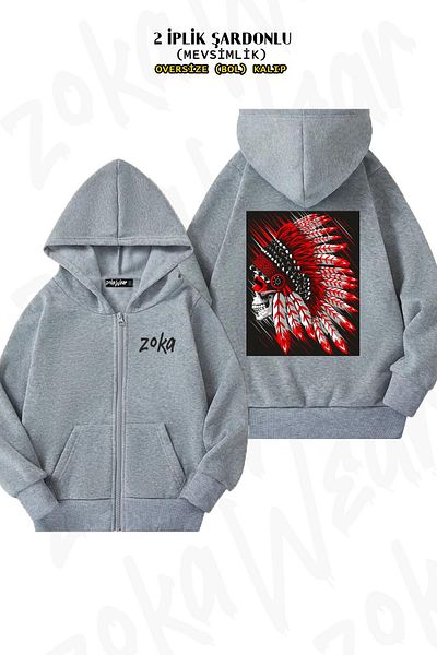 ZOKAWEAR Oversize Indian Chief Skull Back Printed με φερμουάρ και κουκούλα γκρι ζακέτα (2 κλωστές)